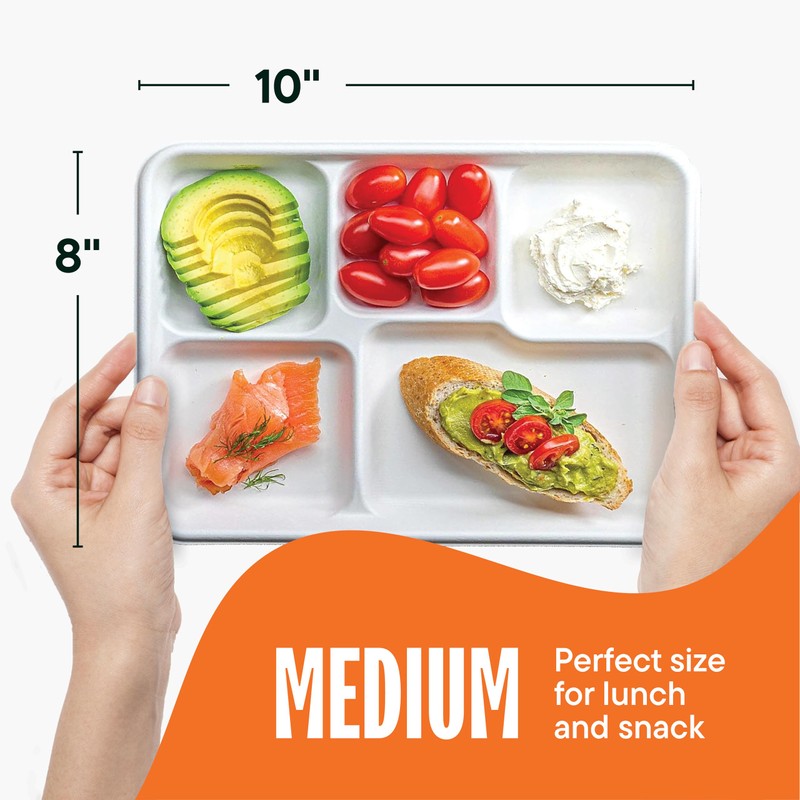 100% Compostable, 5 Compartment, Disposable Paper Plates [125-Pack] - {PFAS