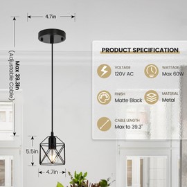 1-Light Hanging Pendant Light Fixture, Black Pendant Lights Kitchen Island, Farmhouse Pendant Lighting with Bedroom Dining Room, E26 Base, Bulbs Not Included