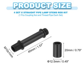 PATIKIL Straight Pipe Lamp Stems Rod Kit, 4Set M10 Carbon Steel 40mm(1.57") Long Double End Thread Rod with Coupling Nuts Sleeve Connector for Table Lamps Chandeliers, Black