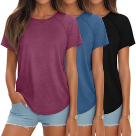 Ficerd 3 Pcs Women Short Sleeve Shirts Curved Hem Top Round Neck Tunics Side Split Summer for Women(Black, Blue, Burgendy, S)