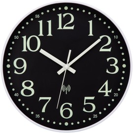 Warminn Atomic Wall Clock with Glow in Dark Silent Non Ticking Battery Operated Sets Automatically Easy to Read Digital Light Modern Design for Living Room Bedroom Kitchen Bathroom