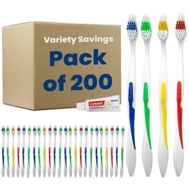 Variety Savings 200 Toothbrushes Bulk Wholesale Quantity Standard Size, Dental Care Toiletries, Medium Soft Bristles, Individually Wrapped, Homeless Care, Disposable Use, Hotels, Travel