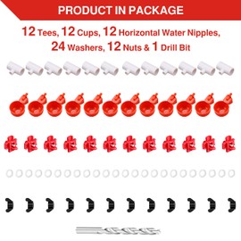 [12 Pack] Chicken Water Cups with PVC Tee,Chicken Water Nipples,Automatic Chicken Waterer for Poultry, Chicken Quail Watering System,DIY Water Feeder for Turkey,Duck Waterer No Mess,Red