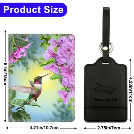 Passport Cover and Luggage Tag Set, PU Leather Passport Case Holder Travel Suitcase Tag, Travel RFID Blocking Passport Cover Passport Wallet for Women Men, Hummingbird and Flower