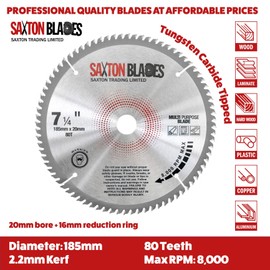 TCT18580TTCG Saxton TCT Circular Saw Blade 185mm x 80T x 30mm Bore (16, 20, 25mm and 25.4mm ring) Aluminium Laminate Hardwood
