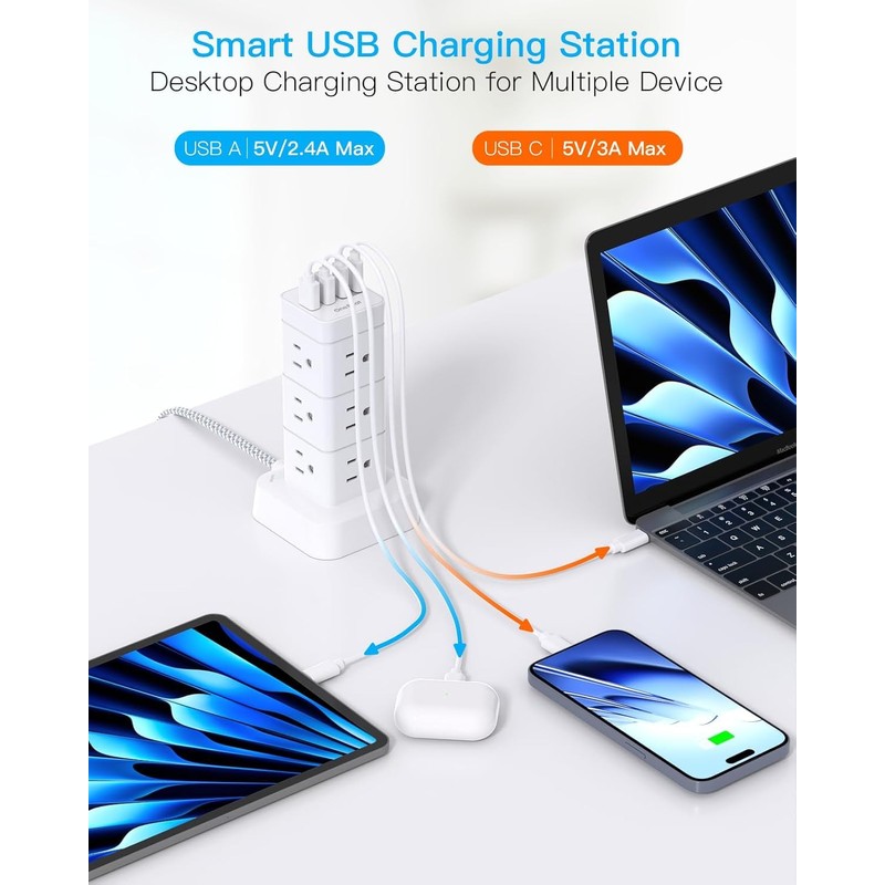 10Ft Tower Power Bars with Surge Protector, 12 Widely Outlets