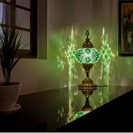 DEMMEX – 7" Large Globe Turkish Moroccan Mosaic Table Lamp, Handcrafted Tiffany-Style Colorful Glass Bedside Desk Table Light, Artisan Decor for Living Room Bedroom, Bulb Included – 14" H (Green)