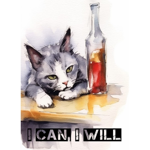 Pixiluv DE-MOTIVATION Greeting card ~ Depressed Alcoholic Cat with Ironic