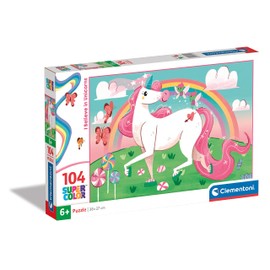 Clementoni 27109 Supercolor Unicorns – Puzzle 104 Teile ab 6 Jahren, buntes Kinderpuzzle mit besonderer Leuchtkraft & Farbintensität, Geschicklichkeitsspiel für Kinder