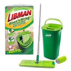 Libman Rinse 'n Wring Mop and Bucket System, Microfiber Dry Wet Mop for Floor Cleaning, Hardwood, Laminate, Tile Cleaner, Dual Chamber Bucket Design, 2 Total Refill Replacement Head Pads