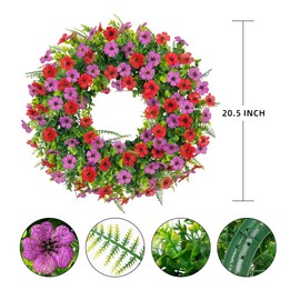 Ammyoo Artificial Daisy Wreath, Wildflower Spring Summer Artificial Silk Wreath for The Front Door by Pure Garden, Home Wall Wedding Festival Farmhouse Holiday Decor,20 Inch(Red Purple)