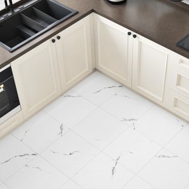 Marble White Peel and Stick Floor Tile Self Adhesive Vinyl Floor Tile Stickers Waterproof Flooring Tiles for Kitchen Bathroom Peel and Stick Vinyl Flooring Tiles for Basement Laundry Room 16-Tiles