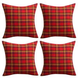 Qelus Christmas Cushion Covers set of 4, Tartan Scottish Throw Pillow Cases, Plaid Check Pillow Covers 45 x 45 cm, Soft Cotton Polyester for Car Sofa Bedroom Xmas Decoration, 18x18 Inch, Red Yellow