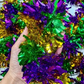 6 Pcs Mardi Gras Hanging Decorations, 40Ft Mardi Gras Party Decorations - Tinsel Garland Metallic Twist Garland Carnival Lighted Glittering Tinsel Garland for Carnival Party (Purple, Green, Yellow)