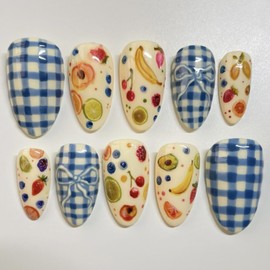 24Pcs Summer Press on Nails Medium Almond Fake Nails Strawberry Lemon Peach with Blue plaid Full Cover Artificial Nails Glue on Nails Fruit False Nails Cute Summer Nail Designs for Women Acrylic Nails