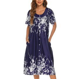 YOZLY House Dress for Women Short Sleeve House Coat Mumu Duster Robe with Pockets, Dark Purple, XXX-Large