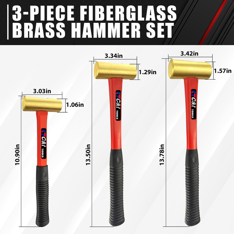 C&T 3-Piece Hammer Set, Jacketed Fiberglass Solid Brass Non-Sparking Hammers,