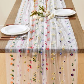 Wracra 3pcs Embroidery Cheesecloth Table Runner Daisy Summer Fall Table Runner 120 inch 10ft Florals Gauze Table Runners for Wedding Party Baby Shower Birthday Home Decor Holiday Decorations, White