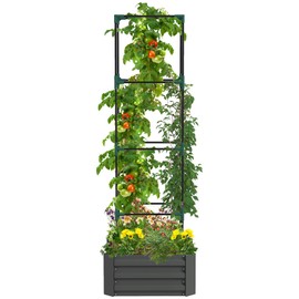 Outsunny Raised Garden Bed, Galvanized Outdoor Planter Box with Trellis Tomato Cage and Open Bottom for Vegetables, Flowers, Climbing Vines in Backyard, Garden, Patio, 24" x 24" x 11.75", Gray