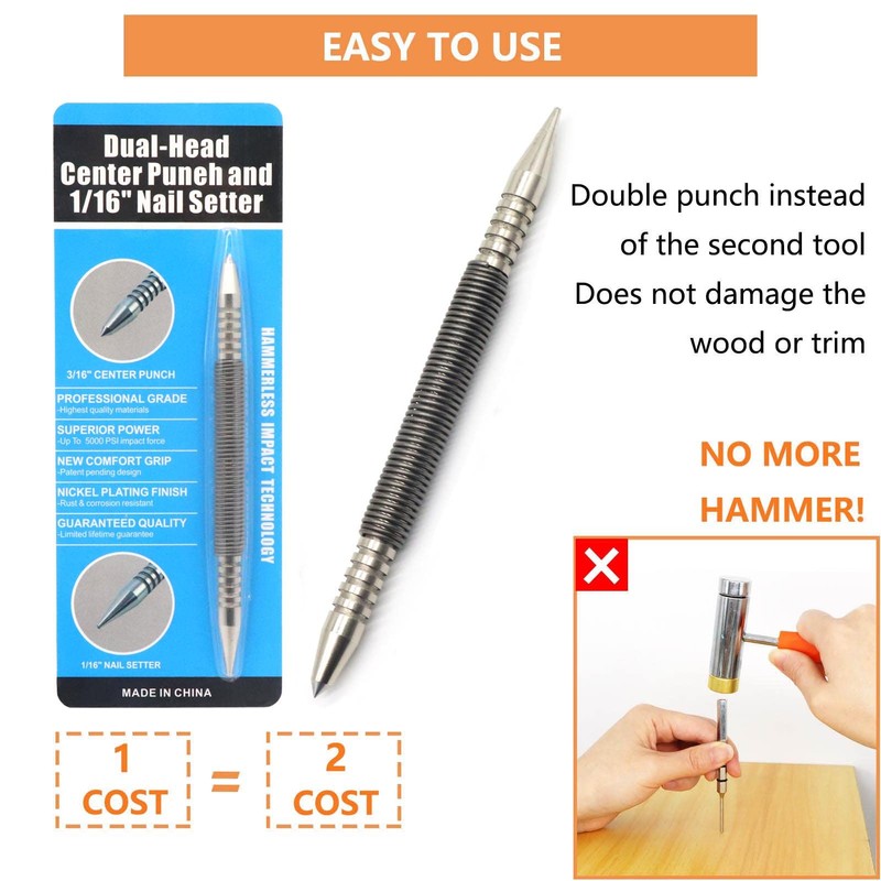 WHLLING 1/16″Dual Head Nail Setter and 3/16″Center Punch, 3500 PSI
