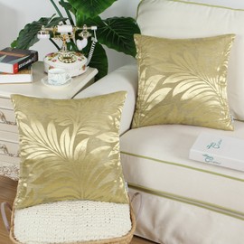CaliTime Pack of 2 Throw Pillow Covers Cases for Couch Sofa Home Decor Shining & Dull Contrast Tropical Fern Leaf 18 X 18 Inches Gold