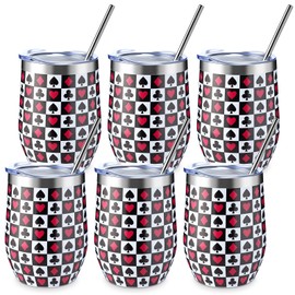 LemonRoad 6 Pcs Casino Gifts for Men Women Poker Lover Casino Tumbler Cup with Lid and Straw 12 oz Stainless Steel Wine Tumbler Party Supplies for Las Vegas Poker Night Wedding Birthday Favors
