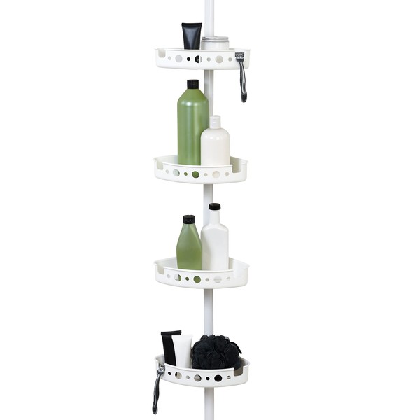 Zenna Home Tension Pole Shower Caddy, 4 Basket Shelves, Adjustable, 60-96 Inch, White