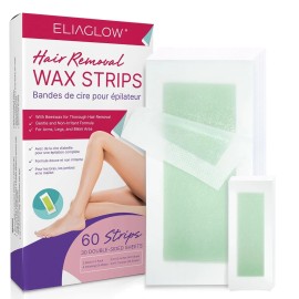 ELIAGLOW Wax Strips Hair Removal Kit 60 Strips + 4 Calming Oil Wipes Face Bikini