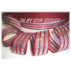 7/8 RED SILVER BLING TRI STRIPE CHRISTMAS PATRIOTIC REVERSIBLE GROSGRAIN RIBBON
