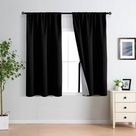 XWZO 100% Blackout Curtains 45 Inches Length with Tiebacks- Rod Pocket Full Shade Window Drapes Thermal Insulated Double Layer with Black Liner for Bedroom/Living Room, Black, W42 x L45, Set of 2