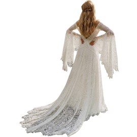 Women's Wedding Dresses Boho for Bride with Long Sleeves Plus Size Lace Beach Bridal Gowns Bohemian Wedding Gowns Ivory US8