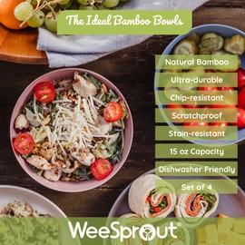 WeeSprout Bamboo Kids Bowls, Set of Four 15 oz Kid-Sized Bamboo Bowls, Dishwasher Safe Kid Bowls (Pink, Green, Gray, & Beige)