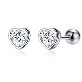 JSGEMSLEE Hypoallergenic Heart Earrings Sterling Silver with Screw Back Cubic Zirconia Stud Earrings 925 Silver for Women Tragus Cartilage Jewellery, Silver