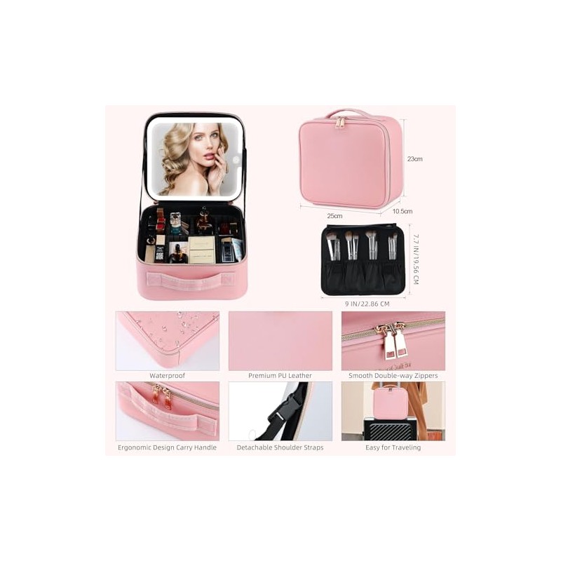 Bolsa Maquillaje Profesional Espejo Led Pequeño Juego Brochas Piezas Estuche