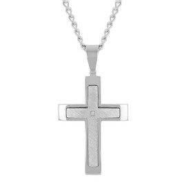 White Diamond Accented Stainless Steel Stacked Cross Pendant on 24" Twisted Curb Chain Necklace (H-I Color, I2-I3 Clarity)