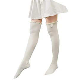 Apone Fatu Women's Thigh High Lace Trim Boot Socks - Knee High, Long Stocking for Cosplay (US, Alpha, Medium, X-Large, Regular, White Bow)