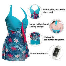 AMAGGIGO Women's Polka Dot One Piece Swimsuit Tummy Control Swimwear Swimdress with Skirt Swimming(9blue rleaf,24(6XL))