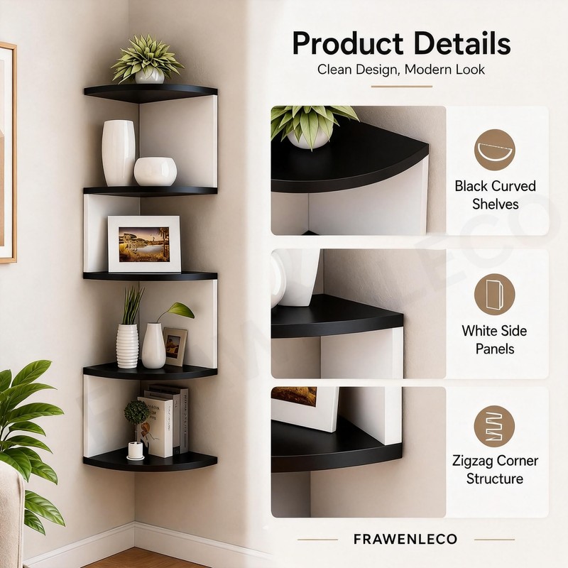 No-Drill Corner Shelf Wall Mount, 5-Tier Floating Corner Bookshelf with