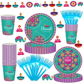 Happy Diwali Table Decorations, 101pcs Diwali Party Tableware Set，Festival of Lights Diwali Plates, Cups,Fork Indian Festival Diwali Themed Party Supplies（Serves 25 Guests）