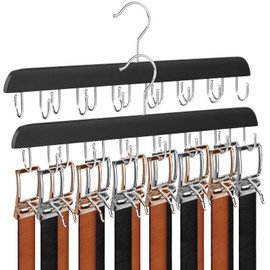 2 Pcs Belt Hanger for Closet, Holds Up to 42 Belts, Sturdy Wooden Belt Rack with 14 Hooks, Space-Saving Belt and Tie Organizer for Closet Storage (2, Black)