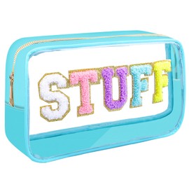 Moncinday Preppy Patch STUFF Makeup Bag Chenille Letter Cosmetic Bag for Women, Transparent PVC Zipper Patch Bags Organizer Waterproof Portable Travel Makeup Bag for Women Girls Teens (Blue)
