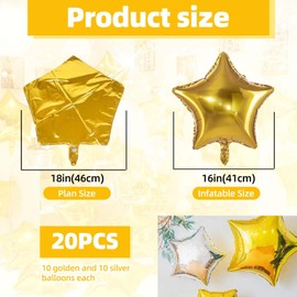 Gold & Silver Star Foil Balloons – 20 Pack of 18x18 Inch Star-Shaped Aluminum Foil Balloons – Perfect for Birthdays, Graduations, Themed Parties – Easy to Inflate with Air or Helium