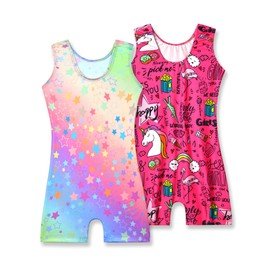 Nymphperi Girls Gymnastics Leotard 2 Pack Size 3t 4t Soft Rainbow Star Biketards with Hot Pink Unicorn for Birthday Gift