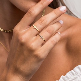 Foxgirl Cross Gold Rings for Women Non Tarnish, Dainty Trendy Stackable Ring Set 14k Gold Plated Thin Cz Cross Finger Rings for Women Non Tarnish Simple thumb Rings for Momen Gold Jewelry Size 5-10,