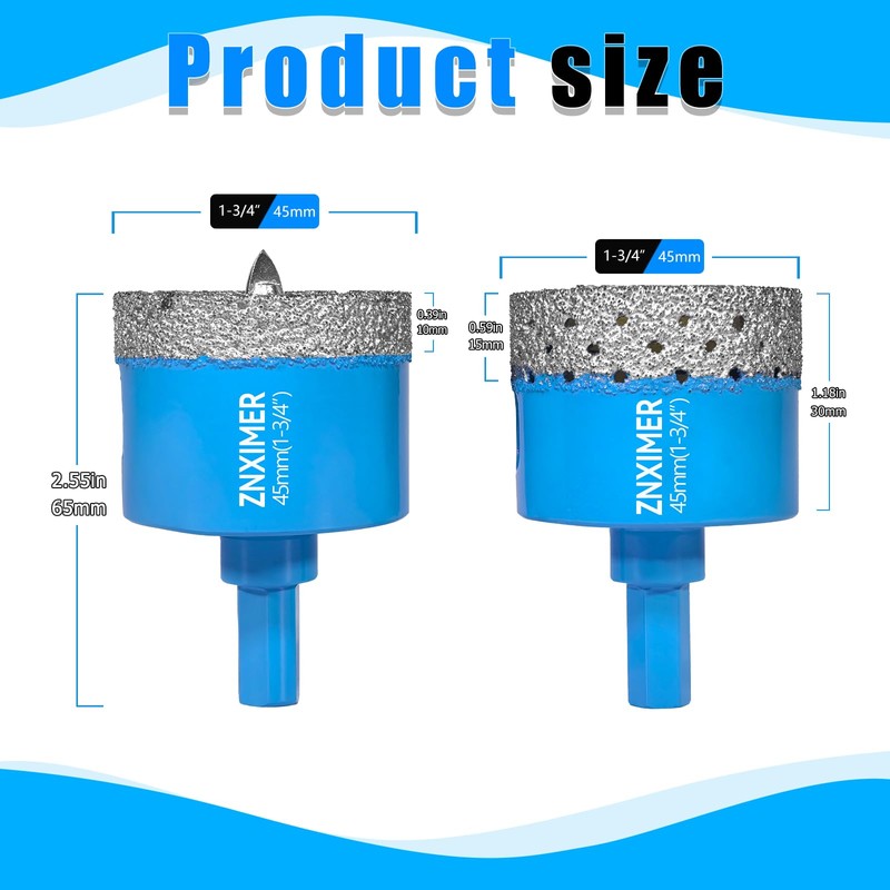ZNXIMER Diamond Hole Saw Drill Bits - 2pcs 1-3/4" Diamond