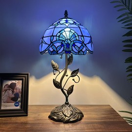 enjoy decor lamps Stained Glass Table Lamp Blue Baroque Style Included LED Bulb for Living Room Bedroom Bedside 10" W*10" D*20" H