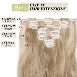 Clip-In Hair Extensions for Complete Hair Extension, 8 Pieces, 18 Clips, Wavy, 60 cm, Sandy Blonde and Bleached Blonde