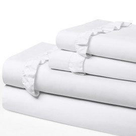 Swift Home Ultra-Soft Elegant 2" Ruffled Hem Design on Flat Sheet and Pillowcases. Wrinkle Resistant, Fade Resistant, Deep Pocket, Double Brushed 4-Piece Microfiber Sheet Set - Queen, White