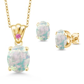 Gem Stone King 18K Yellow Gold Plated Silver White Opal and Pink Zirconia Pendant and Earrings Jewelry Set For Women (4.03 Cttw, Oval Cabochon 11X9MM and 8X6MM with 18 Inch Silver Chain)