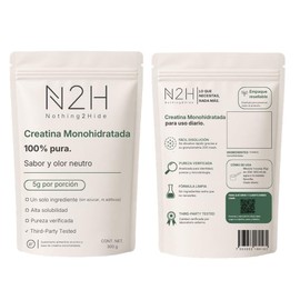 N2H Creatina Monohidratada 100% Pura, 300 g, 60 Porciones, 5 g Porción, Sin Sabor, Pre Workout y Post Entreno, Alta Pureza, 200 Mesh, Sin Azúcar, Sin 